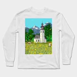 Gnadenwald Innsbruck Austria Landscape Whimsical Illustration Long Sleeve T-Shirt